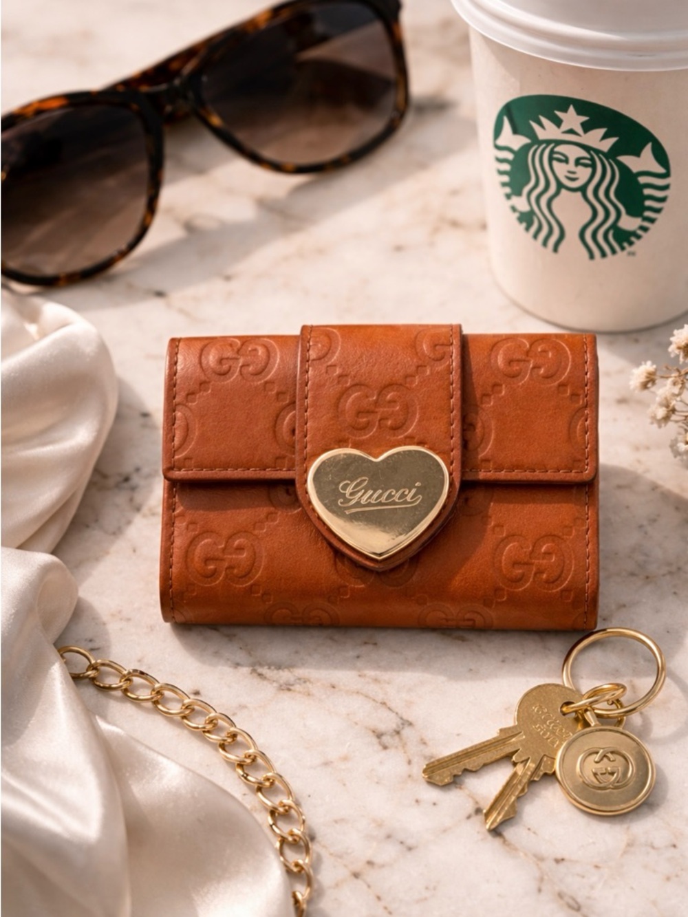 AUTHENTIC GUCCI GUCCISSIMA ORANGE LEATHER 6 KEY HOLDER GOLD HEART LOGO ITALY